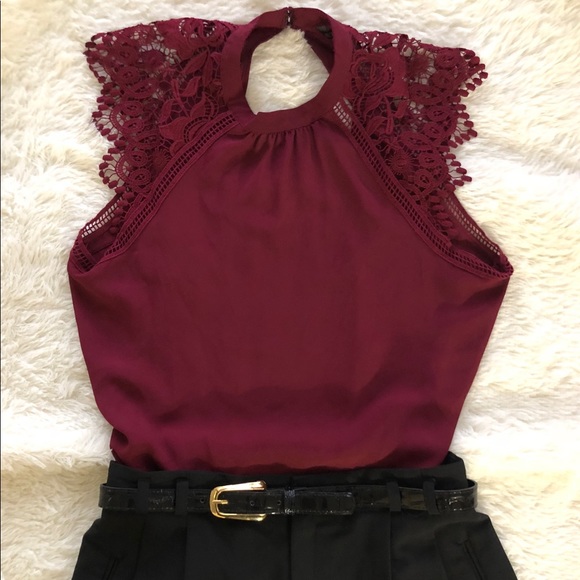 Express Tops - Wine Slim Sleeveless High Neck Express Blouse